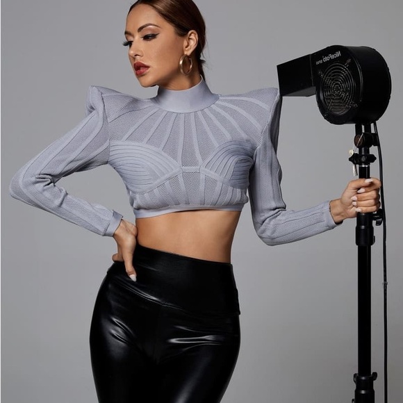 NWT. Gray Structured Long-Sleeve Crop Top - Picture 2 of 5